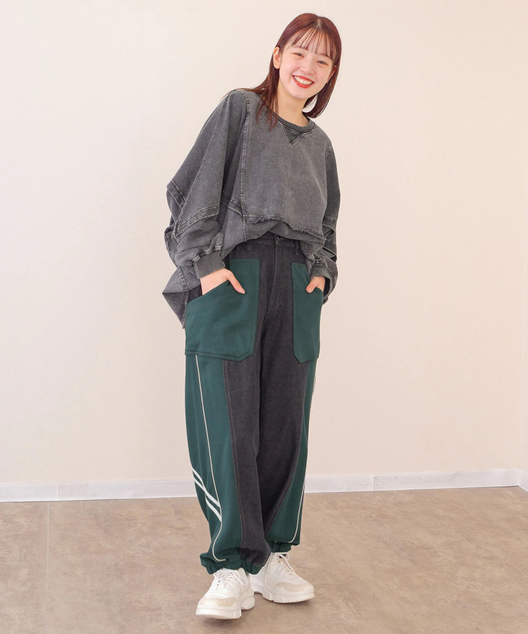 mililopiulu/ミリロピュール ジャージミックスパイピングデニムパンツ