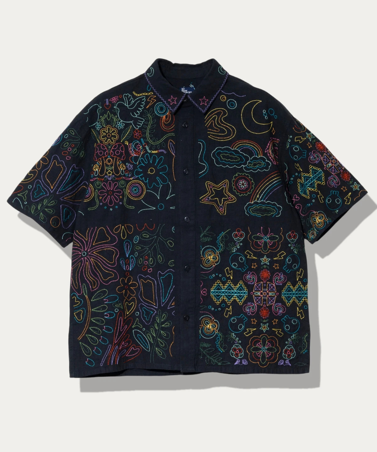 go slow caravan(ゴースローキャラバン) |LINEN/COTTONスクエア刺繍S/Sシャツ (MENS/WOMENS)