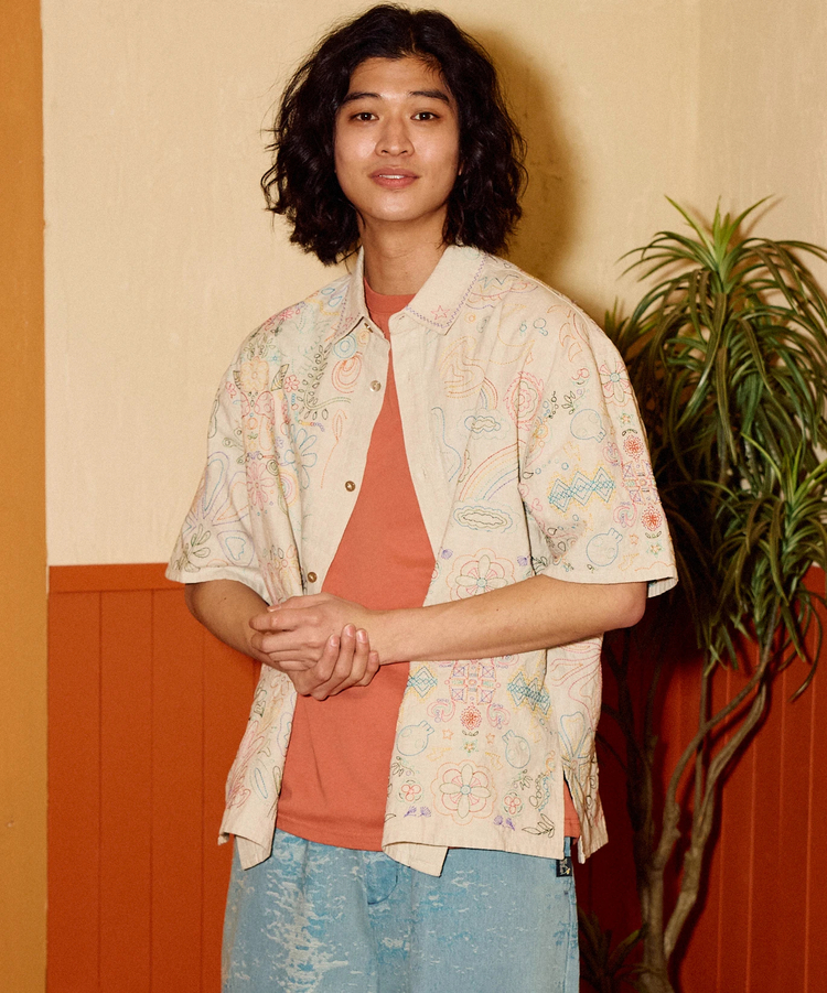 go slow caravan(ゴースローキャラバン) |LINEN/COTTONスクエア刺繍S/Sシャツ (MENS/WOMENS)