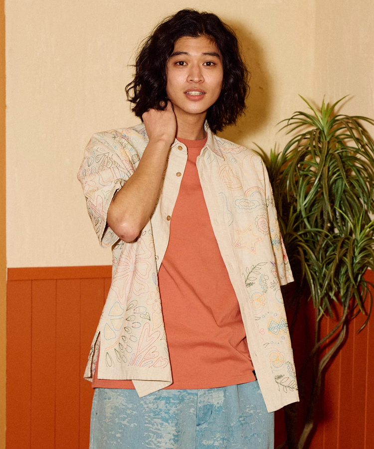 go slow caravan(ゴースローキャラバン) |LINEN/COTTONスクエア刺繍S/Sシャツ (MENS/WOMENS)