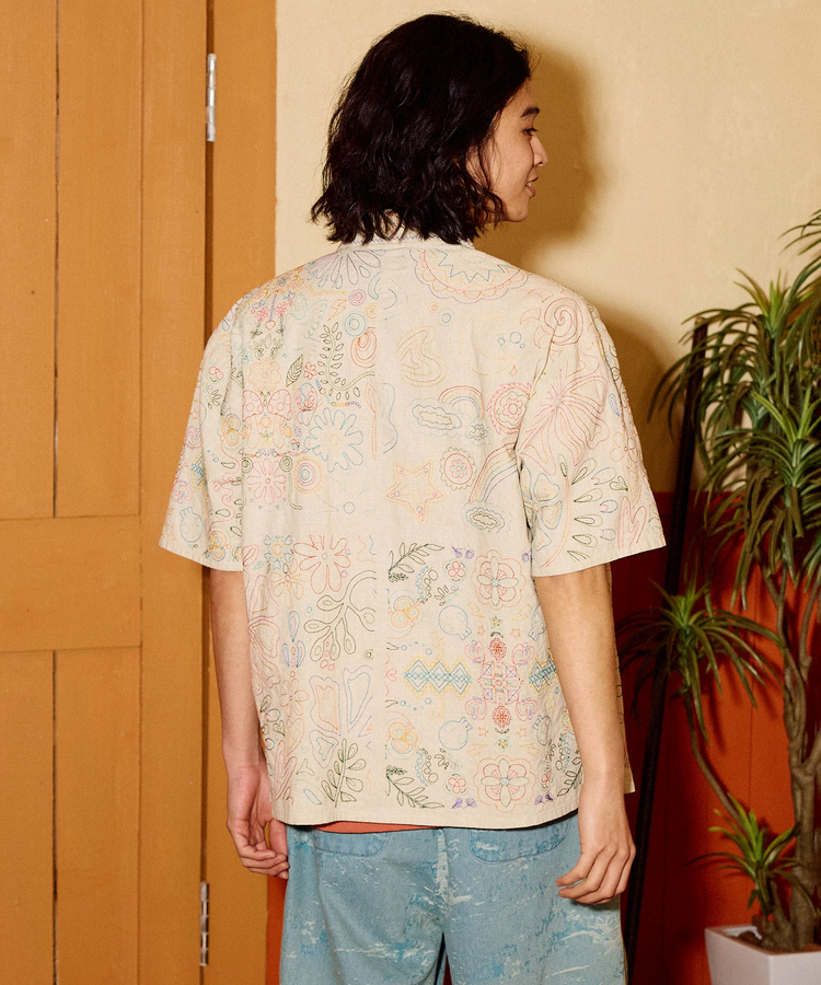 go slow caravan(ゴースローキャラバン) |LINEN/COTTONスクエア刺繍S/Sシャツ (MENS/WOMENS)