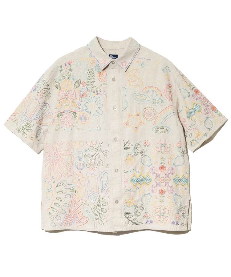 go slow caravan(ゴースローキャラバン) |LINEN/COTTONスクエア刺繍S/Sシャツ (MENS/WOMENS)