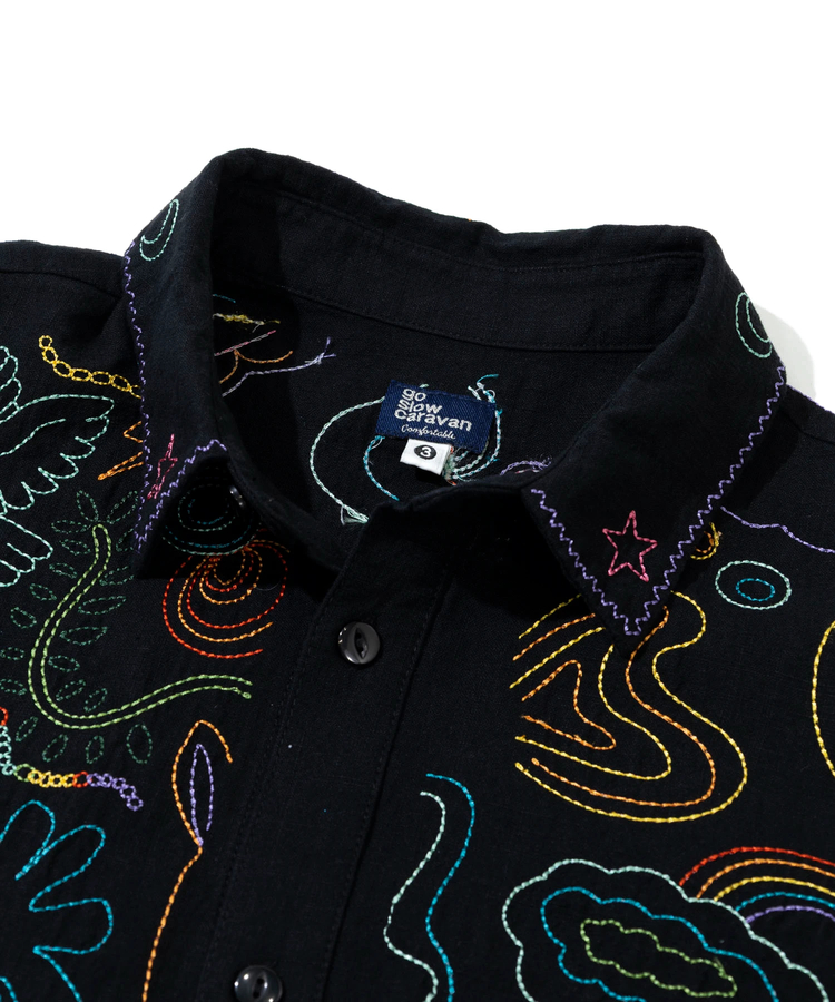 go slow caravan(ゴースローキャラバン) |LINEN/COTTONスクエア刺繍S/Sシャツ (MENS/WOMENS)