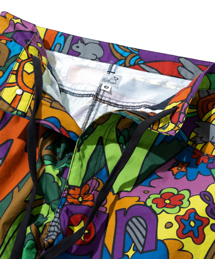 go slow caravan(ゴースローキャラバン) |タイプライター総柄プリントゆったりフレアパンツ (MENS/WOMENS)