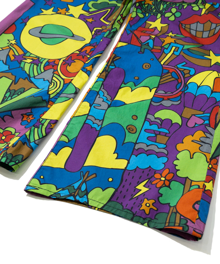 go slow caravan(ゴースローキャラバン) |タイプライター総柄プリントゆったりフレアパンツ (MENS/WOMENS)