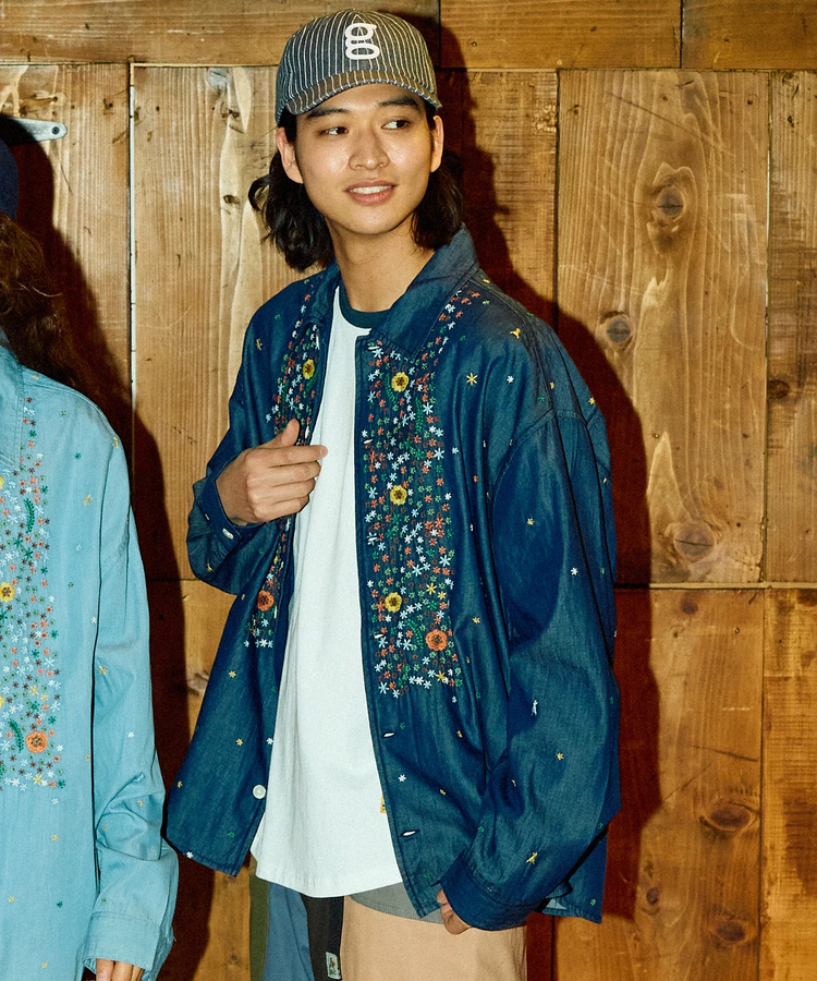 go slow caravan(ゴースローキャラバン) |LIHGT OZデニムパネル刺繍シャツ (MENS)