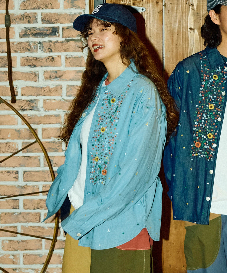 go slow caravan(ゴースローキャラバン) |LIHGT OZデニムパネル刺繍シャツ (MENS)