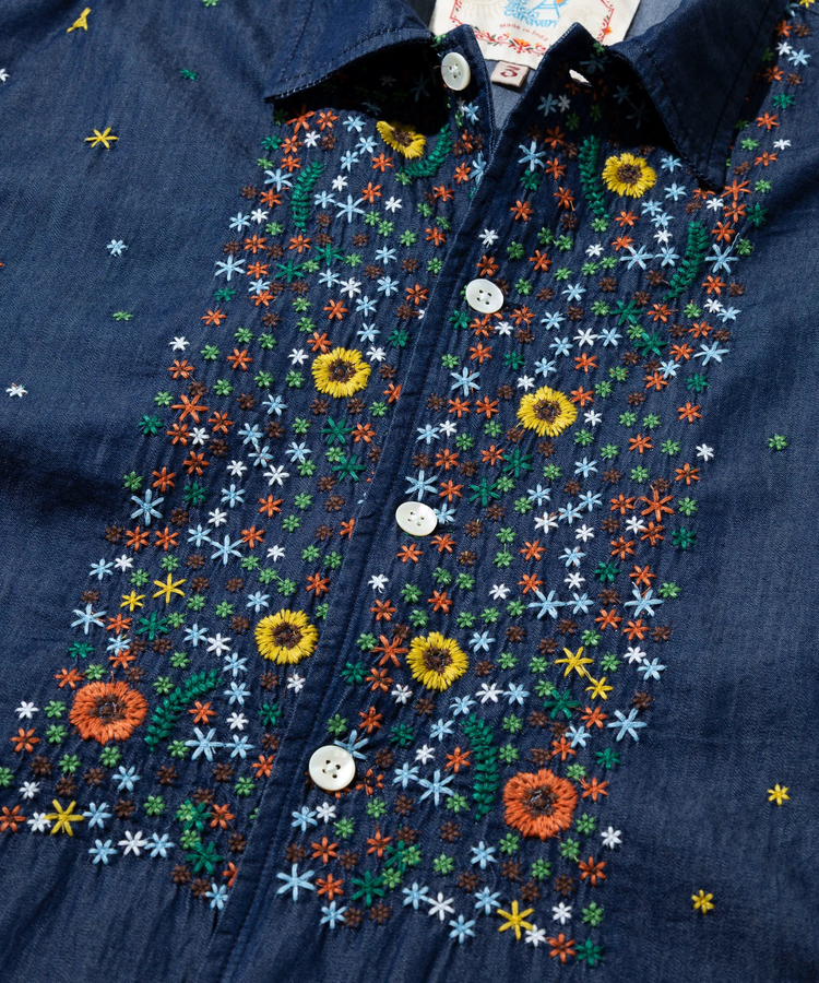 go slow caravan(ゴースローキャラバン) |LIHGT OZデニムパネル刺繍シャツ (MENS)