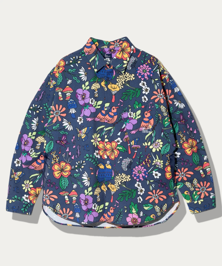 go slow caravan(ゴースローキャラバン) |ストレッチサッカー総柄プリントユーティリティーシャツ (MENS/WOMENS)