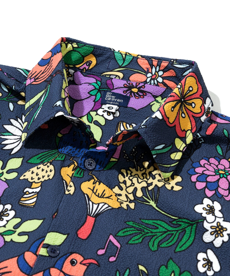 go slow caravan(ゴースローキャラバン) |ストレッチサッカー総柄プリントユーティリティーシャツ (MENS/WOMENS)