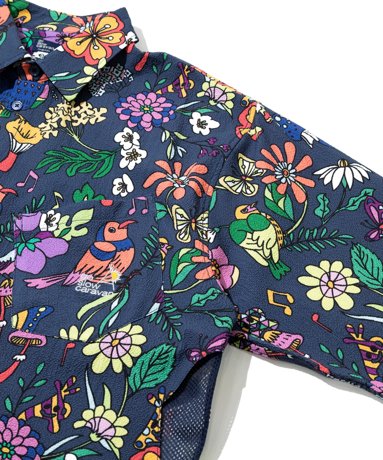 go slow caravan(ゴースローキャラバン) |ストレッチサッカー総柄プリントユーティリティーシャツ (MENS/WOMENS)