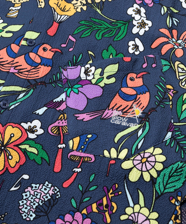 go slow caravan(ゴースローキャラバン) |ストレッチサッカー総柄プリントユーティリティーシャツ (MENS/WOMENS)