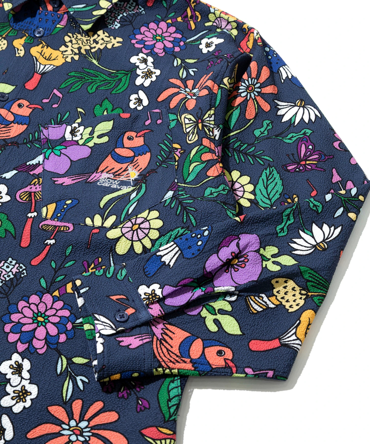 go slow caravan(ゴースローキャラバン) |ストレッチサッカー総柄プリントユーティリティーシャツ (MENS/WOMENS)