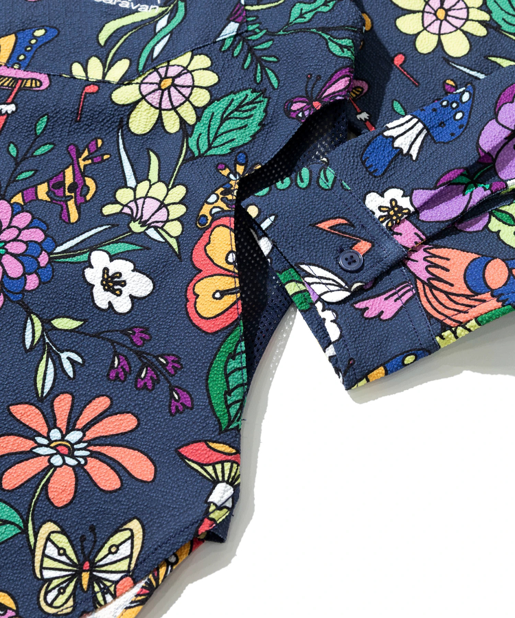 go slow caravan(ゴースローキャラバン) |ストレッチサッカー総柄プリントユーティリティーシャツ (MENS/WOMENS)