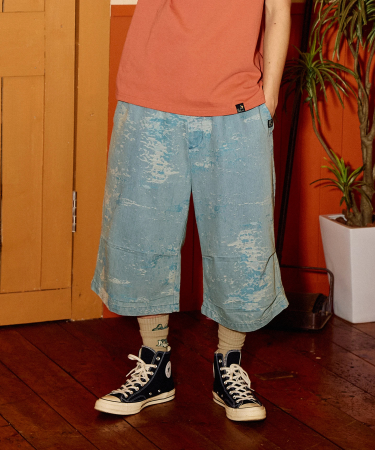 go slow caravan(ゴースローキャラバン) |ジャガードデニムケミカルブリーチワイドハーフパンツ (MENS)
