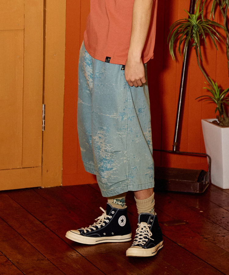 go slow caravan(ゴースローキャラバン) |ジャガードデニムケミカルブリーチワイドハーフパンツ (MENS)