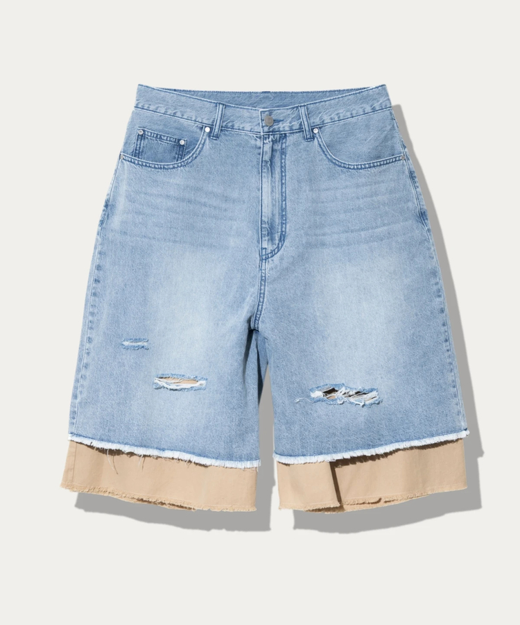 go slow caravan(ゴースローキャラバン) |デニム×ツイルUSED加工レイヤードハーフパンツ (MENS)