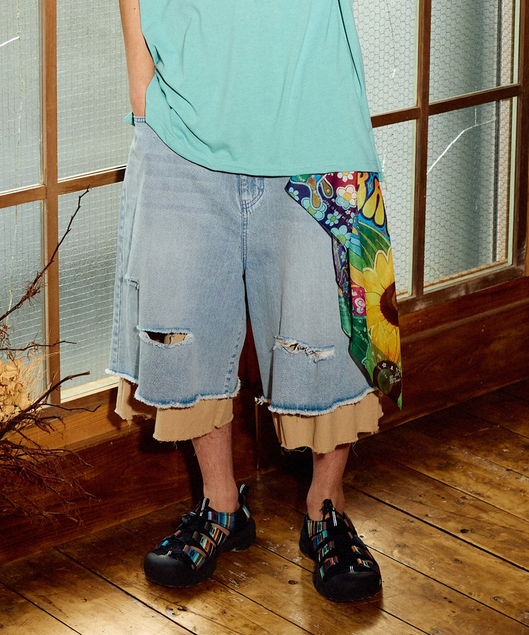 go slow caravan(ゴースローキャラバン) |デニム×ツイルUSED加工レイヤードハーフパンツ (MENS)