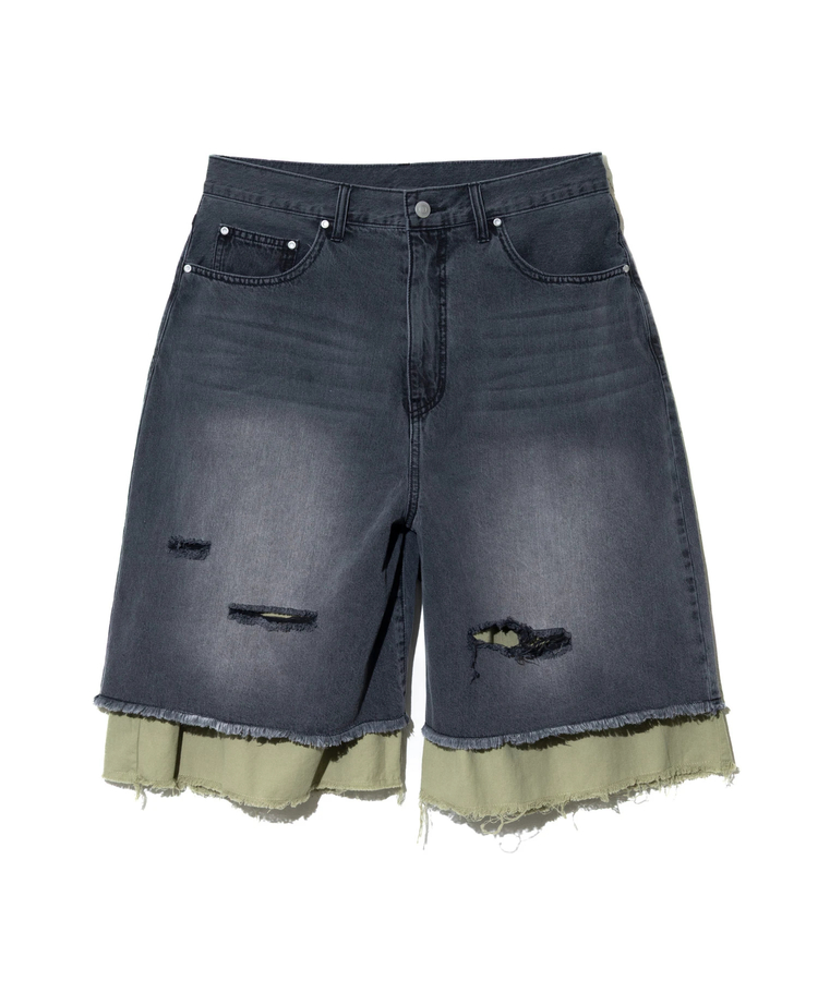 go slow caravan(ゴースローキャラバン) |デニム×ツイルUSED加工レイヤードハーフパンツ (MENS)