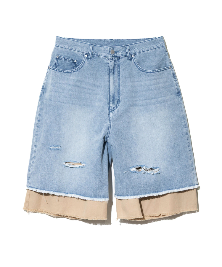 go slow caravan(ゴースローキャラバン) |デニム×ツイルUSED加工レイヤードハーフパンツ (MENS)