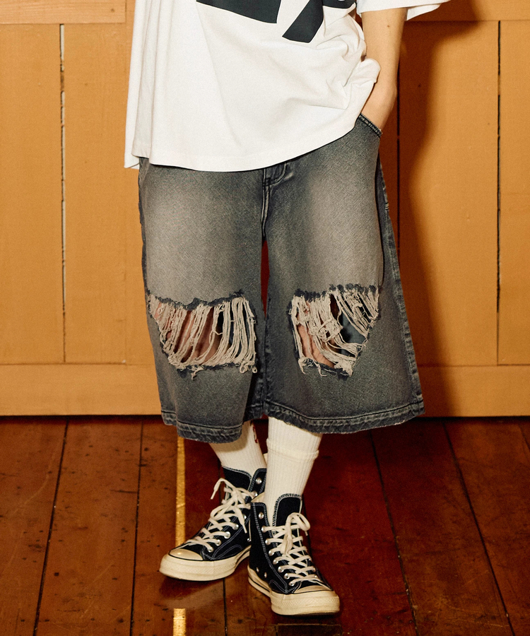 go slow caravan(ゴースローキャラバン) |10ozデニムバイアスダメージワイドショーツ (MENS)