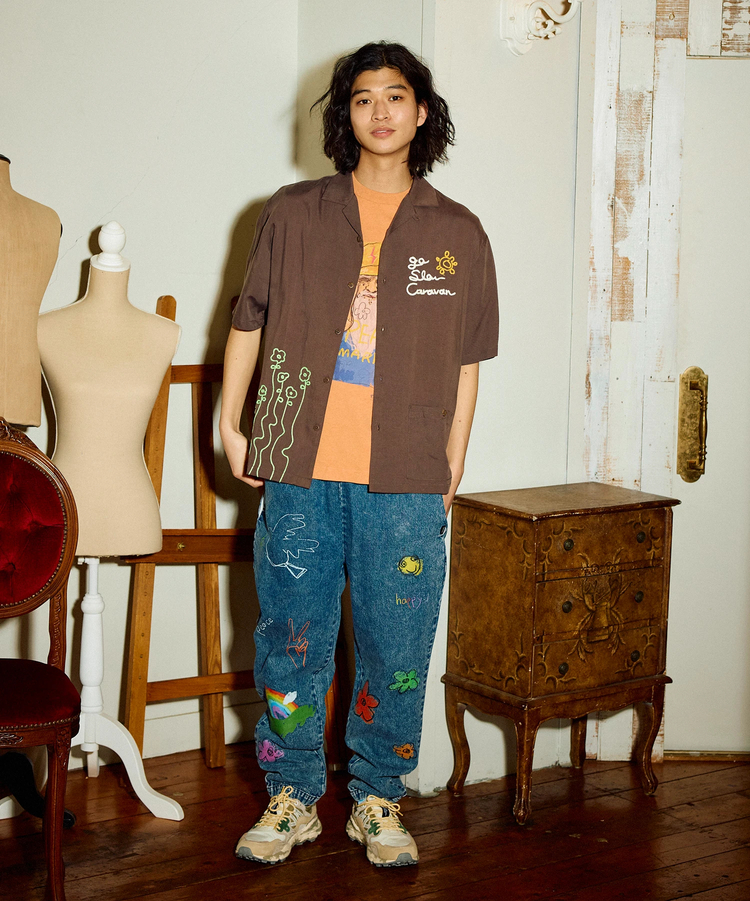 go slow caravan(ゴースローキャラバン) |LINEN/COTTONチェーン刺繍S/Sオープンシャツ (MENS)