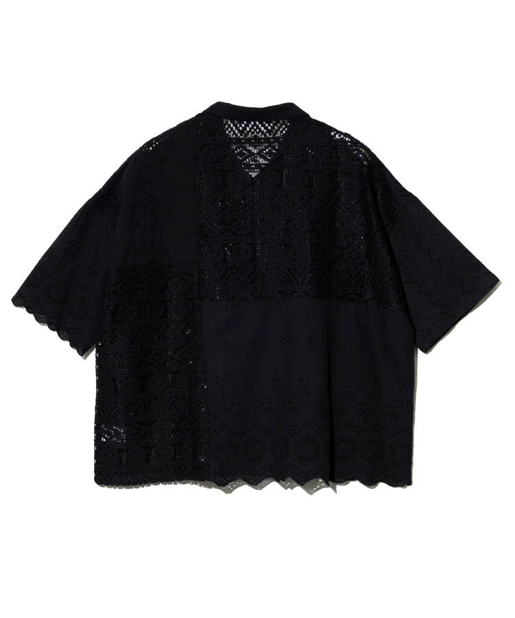 【パドカレ】レーヨンギャザーシャツ ブラック チュールレース 半袖 STYLEMIXER | ギャザースリーブチュールトップ (シャツ・ブラウス