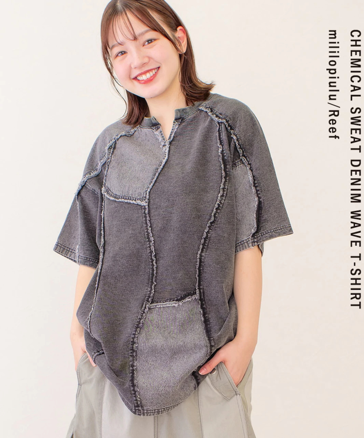 mililopiulu/ミリロピュール ケミカル裏毛デニムウェーブTEE (WOMENS
