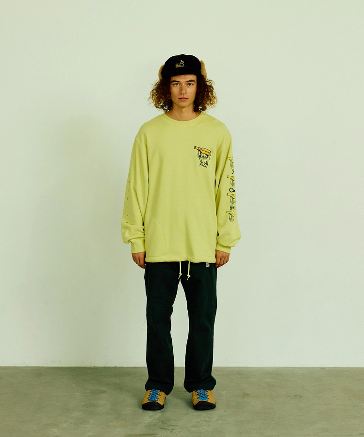 go slow caravan(ゴースローキャラバン) |空紡糸裏毛 猫と麦酒 ヘムスピンドルクルースウェット (MENS/WOMENS)