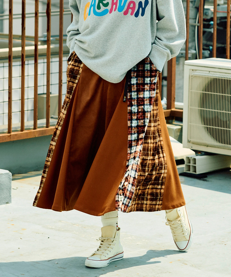 go slow caravan(ゴースローキャラバン) |ベロア×フランネルパッチワークスカート (WOMENS)