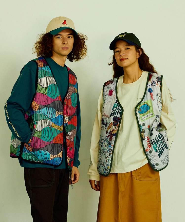 go slow caravan(ゴースローキャラバン) |無地×総柄リバーシブルパディングベスト (MENS)