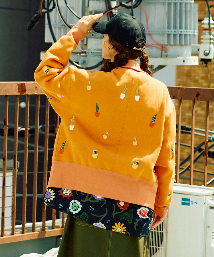 go slow caravan(ゴースローキャラバン) |裏起毛サボテン刺繍ハイネックZIPスウェット (WOMENS)