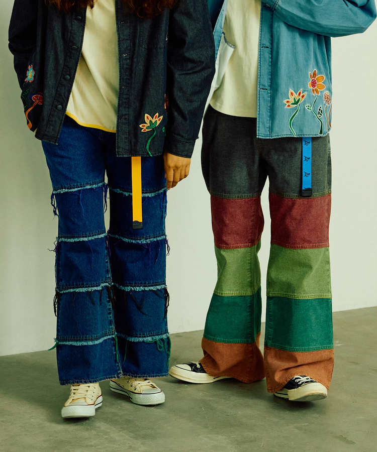 go slow caravan(ゴースローキャラバン) |ボーダーデニムゆったりフレアパンツ (MENS/WOMENS)