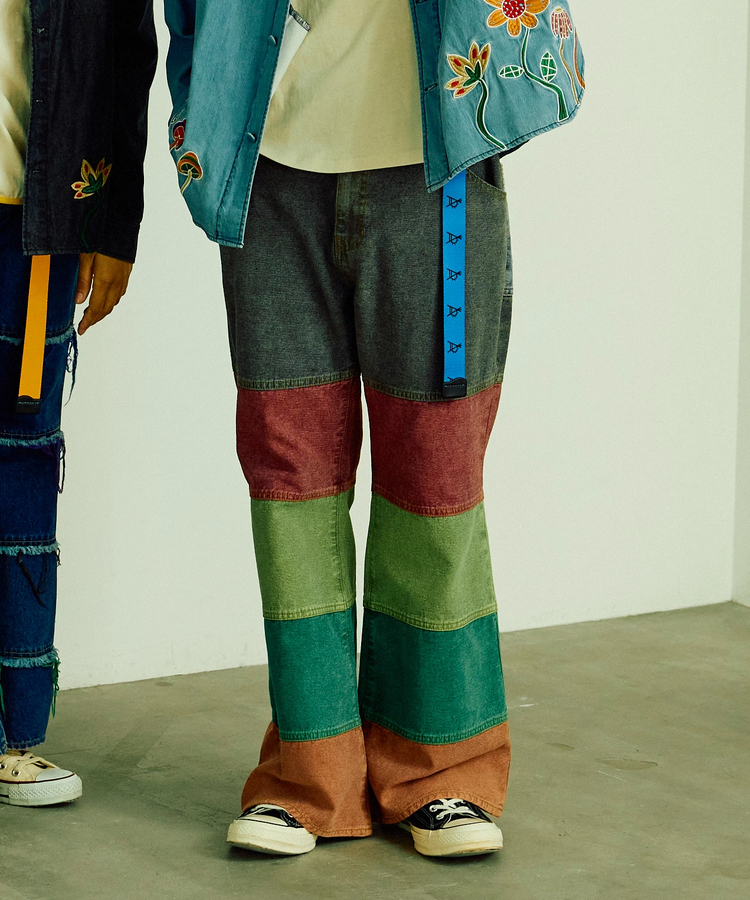 go slow caravan(ゴースローキャラバン) |バックサイドボーダーデニムゆったりフレアパンツ (MENS/WOMENS)