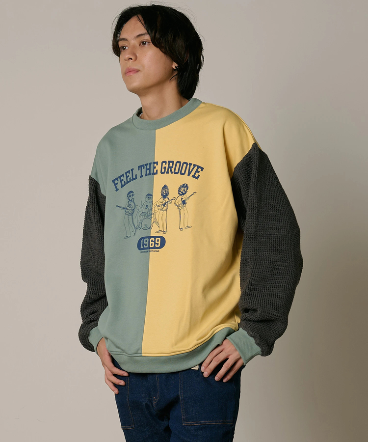 go slow caravan(ゴースローキャラバン) |DUCKSTER/ダックスター 裏毛×ワッフル編みニット 配色切替 クルースウェット (MENS)