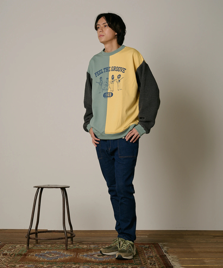 go slow caravan(ゴースローキャラバン) |DUCKSTER/ダックスター 裏毛×ワッフル編みニット 配色切替 クルースウェット (MENS)