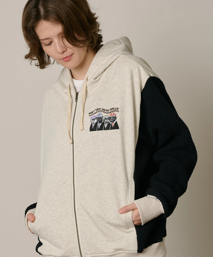 go slow caravan(ゴースローキャラバン) |DUCKSTER/ダックスター 裏毛×ワッフル編みニット 配色切替 刺繍ジップPK (MENS)