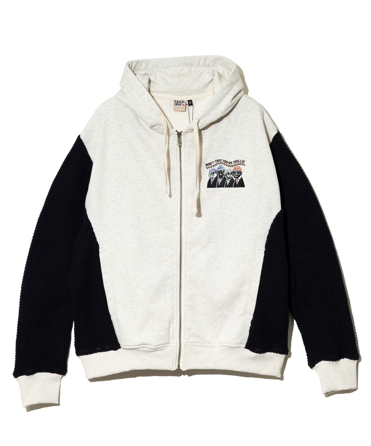 go slow caravan(ゴースローキャラバン) |DUCKSTER/ダックスター 裏毛×ワッフル編みニット 配色切替 刺繍ジップPK (MENS)