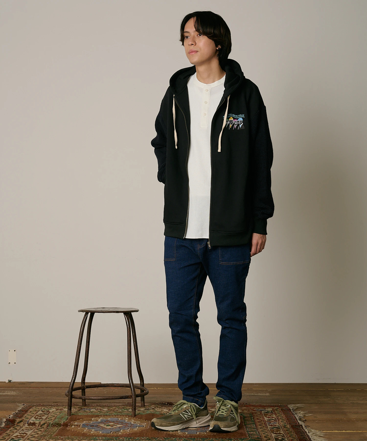 go slow caravan(ゴースローキャラバン) |DUCKSTER/ダックスター 裏毛×ワッフル編みニット 配色切替 刺繍ジップPK (MENS)