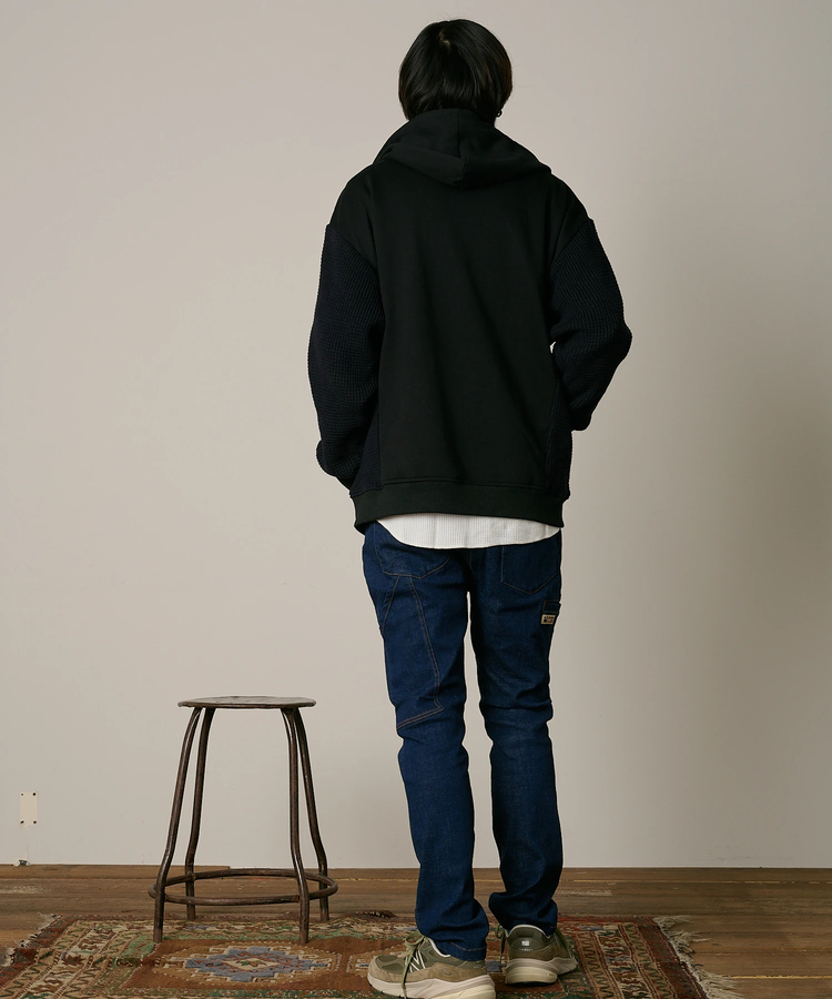 go slow caravan(ゴースローキャラバン) |DUCKSTER/ダックスター 裏毛×ワッフル編みニット 配色切替 刺繍ジップPK (MENS)
