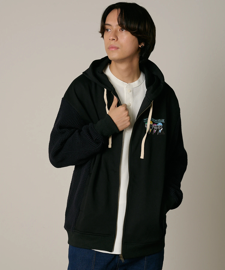 go slow caravan(ゴースローキャラバン) |DUCKSTER/ダックスター 裏毛×ワッフル編みニット 配色切替 刺繍ジップPK (MENS)