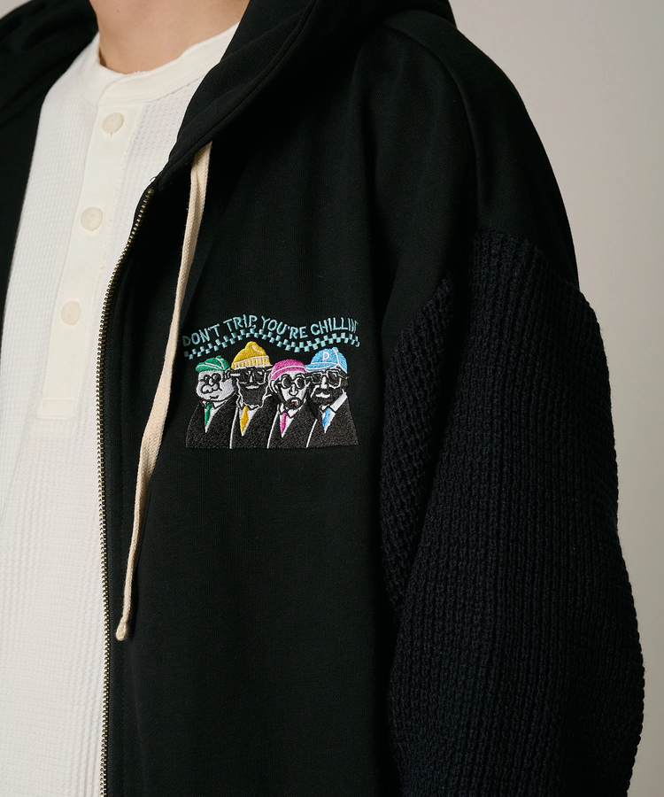 go slow caravan(ゴースローキャラバン) |DUCKSTER/ダックスター 裏毛×ワッフル編みニット 配色切替 刺繍ジップPK (MENS)