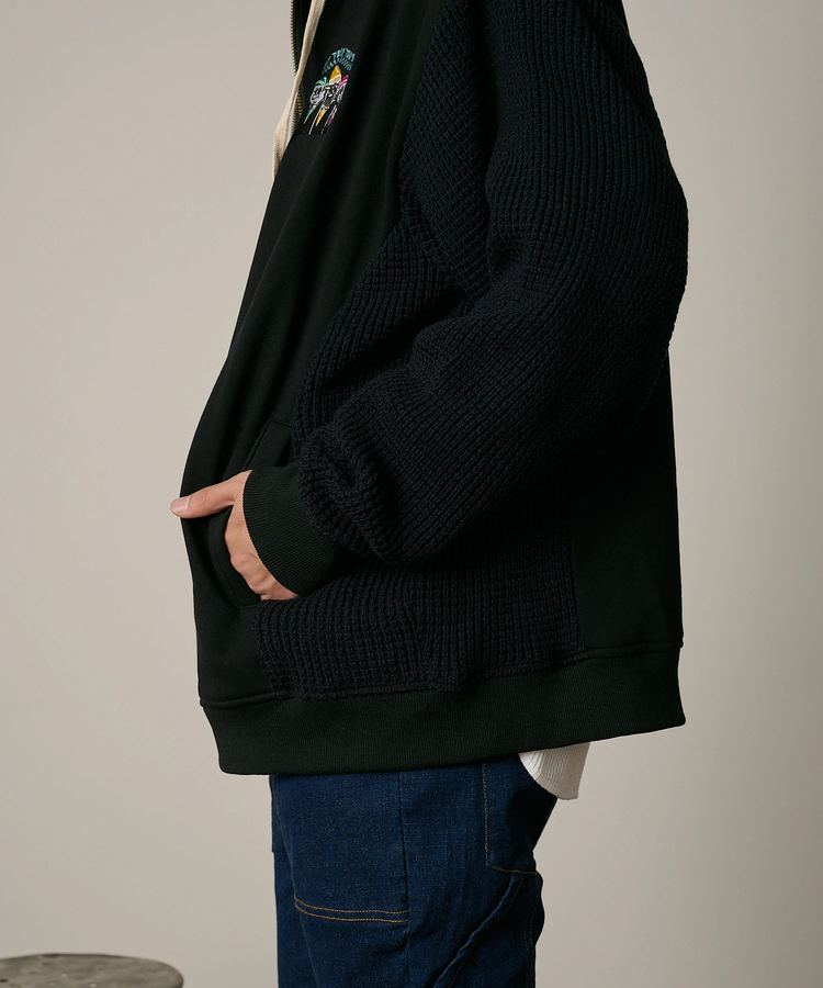 go slow caravan(ゴースローキャラバン) |DUCKSTER/ダックスター 裏毛×ワッフル編みニット 配色切替 刺繍ジップPK (MENS)
