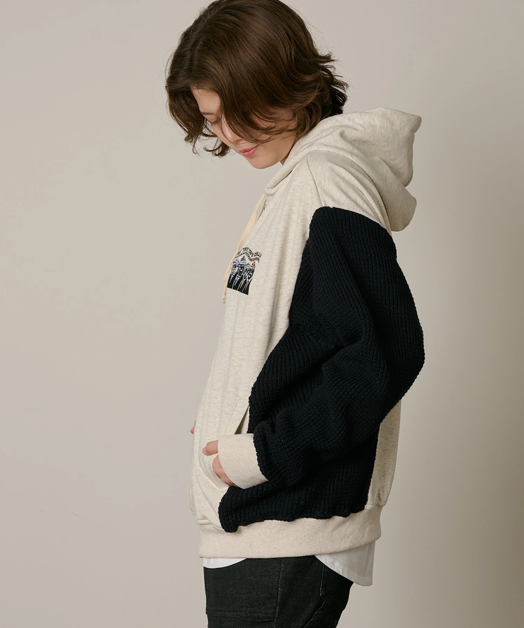 go slow caravan(ゴースローキャラバン) |DUCKSTER/ダックスター 裏毛×ワッフル編みニット 配色切替 刺繍ジップPK (MENS)