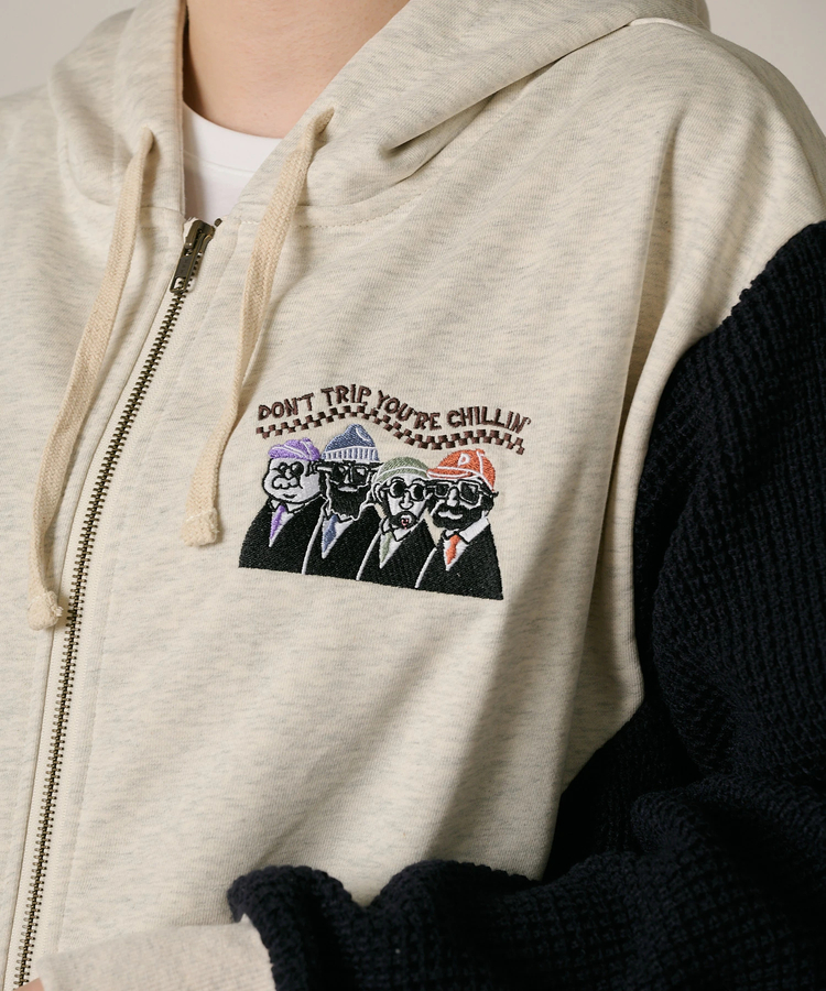 go slow caravan(ゴースローキャラバン) |DUCKSTER/ダックスター 裏毛×ワッフル編みニット 配色切替 刺繍ジップPK (MENS)