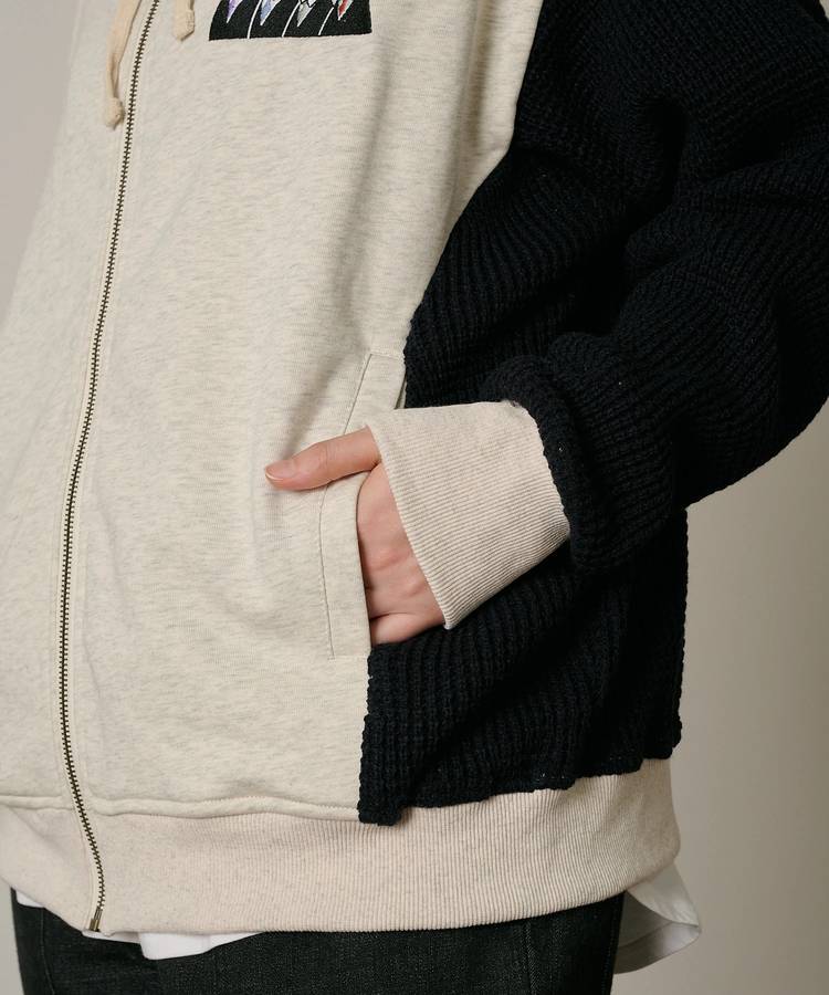 go slow caravan(ゴースローキャラバン) |DUCKSTER/ダックスター 裏毛×ワッフル編みニット 配色切替 刺繍ジップPK (MENS)