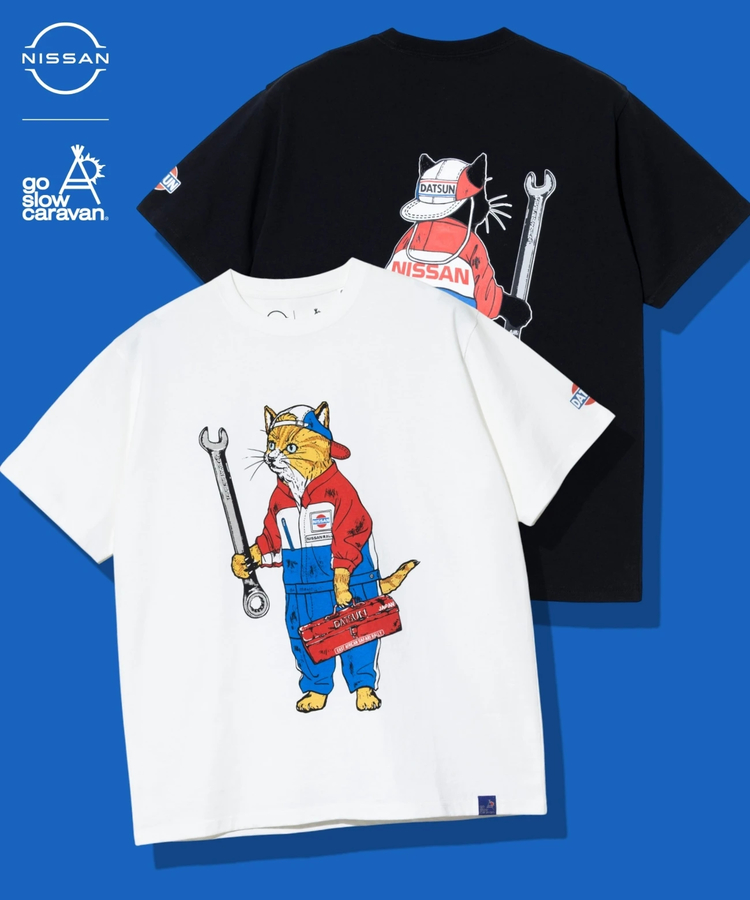 go slow caravan(ゴースローキャラバン) |【NISSAN × go slow caravan】USA/C RALLYメカニック猫Tシャツ (MENS)