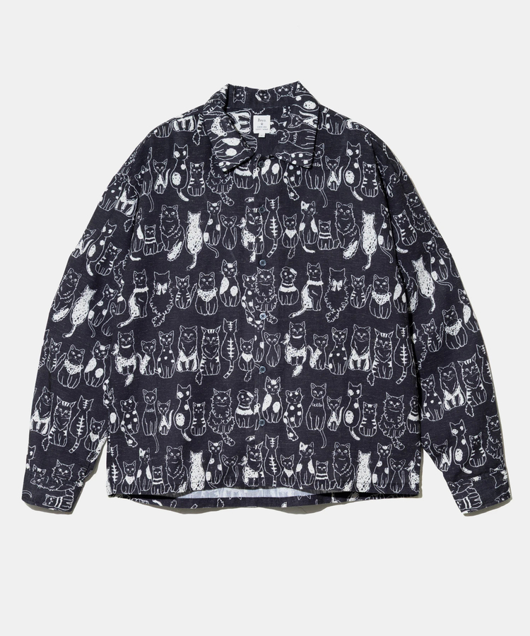 go slow caravan(ゴースローキャラバン) |Revo./レヴォ リネン混キャットプリントLSシャツ (MENS)