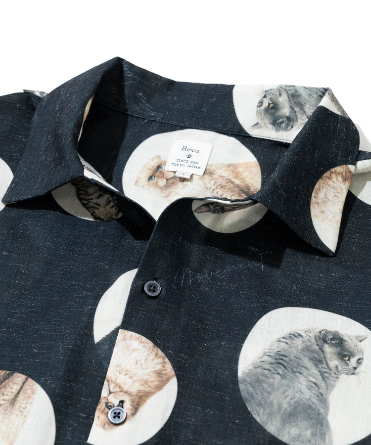 go slow caravan(ゴースローキャラバン) |Revo./レヴォ リネン混キャットプリントLSシャツ (MENS)