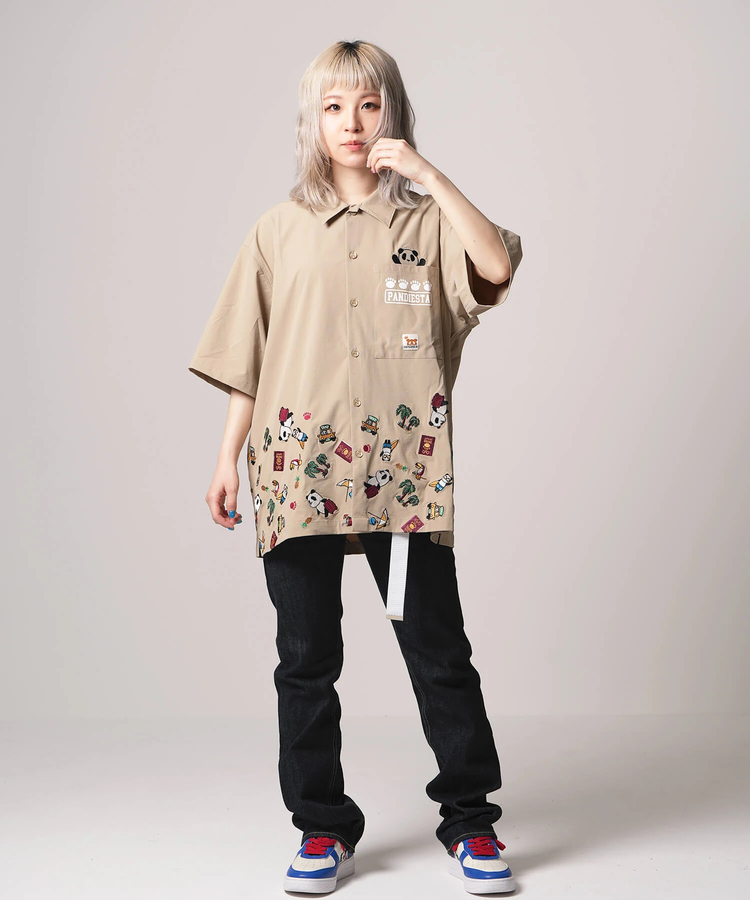 SB 熊猫印 ワールドトラベル パンダ 裾刺繍 S/S ボタンシャツ(554201 